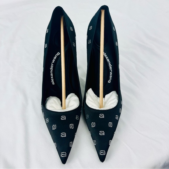 Alexander Wang Delphine Black Satin Crystal Logo Stiletto Pumps Heels 4” 39.5 - Picture 14 of 16
